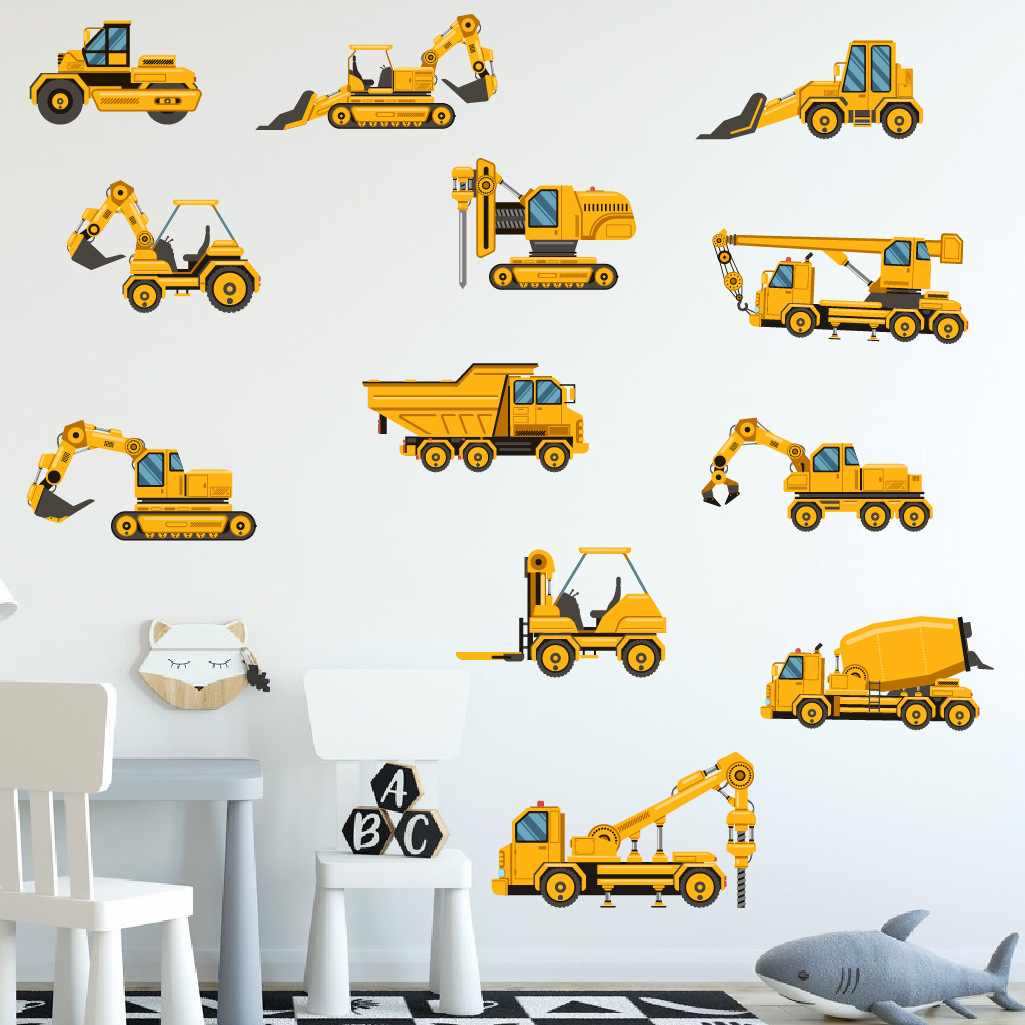 Baby Nursery Labels - Cartoon Excavator Engineering Car Wall Sticker