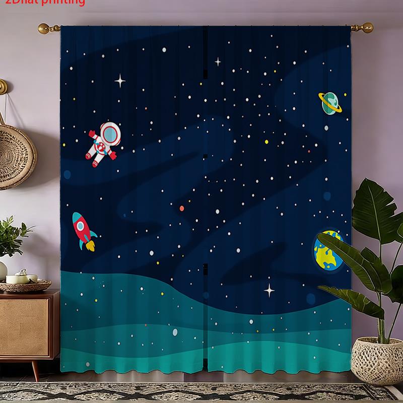 Baby Nursery Blackout Curtains - Cartoon Space Astronaut Curtains, Kids Galaxy