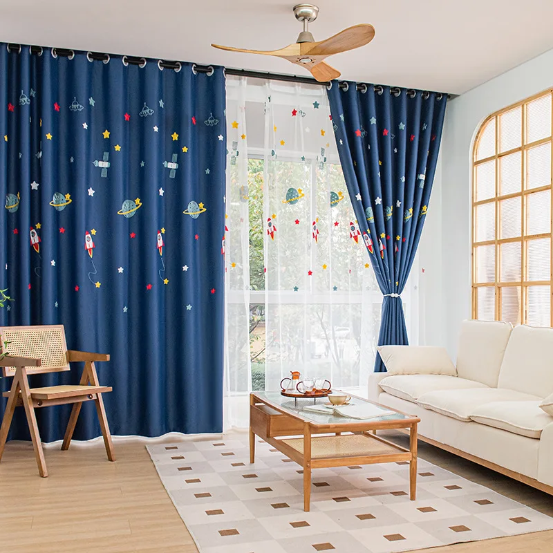 Navy Blue Cartoon Rocket Space - Baby Nursery Blackout Curtains recension och pris